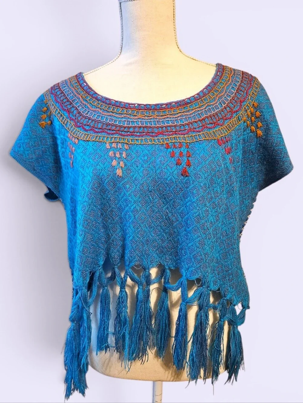 Mexican Embroidered Huipil Rebozo Cropped Top Blouse Shirt Fringed - Picture 4 of 6